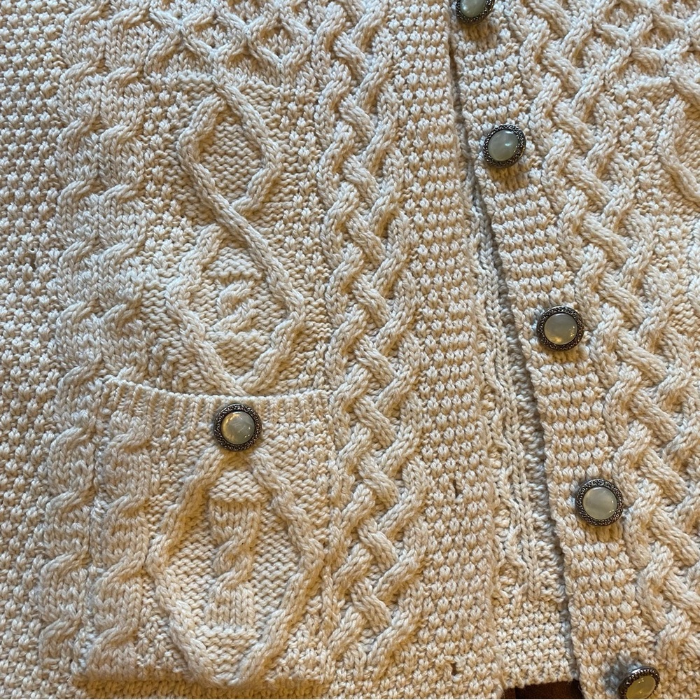 Aran Crafts Cream Merino Wool Cardigan Sweater With Pockets and Pearl Buttons - Picture 4 of 12